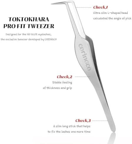 CORINGCO Toktok Hara Pro Fit Stainless Tweezer, Perfect for No Glue False Eyelashes