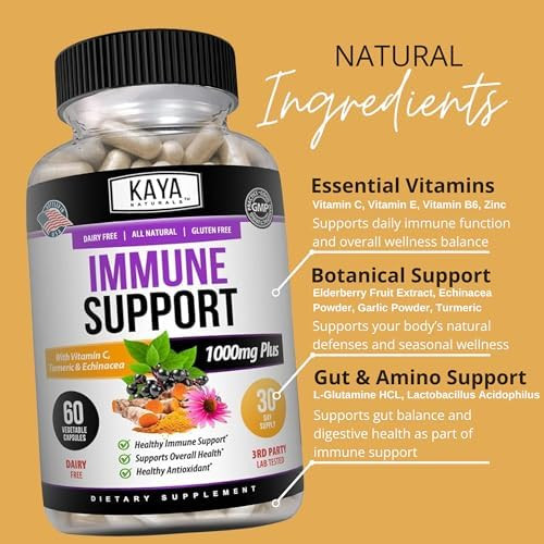 Kaya Naturals Elderberry Immune Support, Elderberry with Zinc and Vitamin C for Adults Vitamins, Probiotics & Turmeric 1000mg Immune System Booster Sambucus Capsules