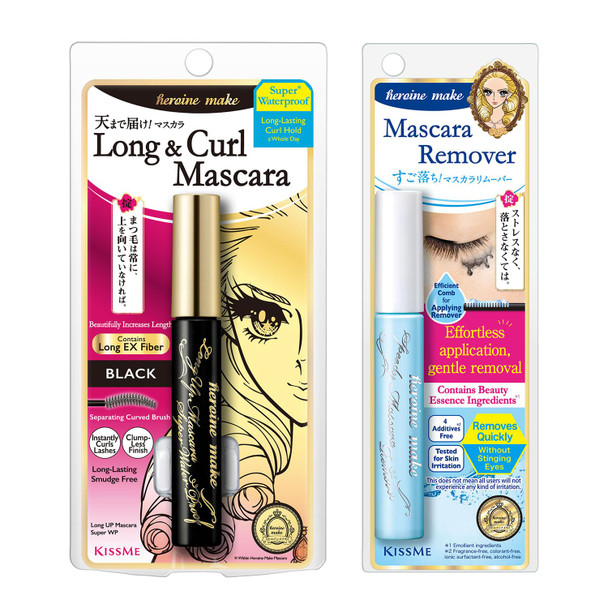 Heroine Make by KissMe Long & Curl Mascara + Eye Makeup Remover | Waterproof & Gentle Makeup Remover Liquid | Black Mascara with Volumizing, Curling Formula | Japanese Makeup