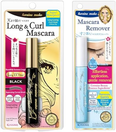 Heroine Make by KissMe Long & Curl Mascara + Eye Makeup Remover | Waterproof & Gentle Makeup Remover Liquid | Black Mascara with Volumizing, Curling Formula | Japanese Makeup