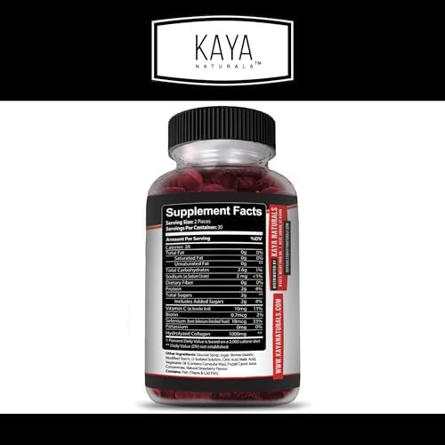 Kaya Naturals Collagen Gummies for Men & Women Supplement | Nature Made Gummies - 1000mg of Hydrolyzed Collagen, Vitamin C, Selenium & Biotin, Strawberry Flavor