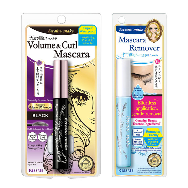 Heroine Make by KissMe Volume and Curl Mascara + Eye Makeup Remover | Waterproof Mascara and Gentle Makeup Remover Liquid Volumizing Black Mascara with Easy Removal Made in Japan