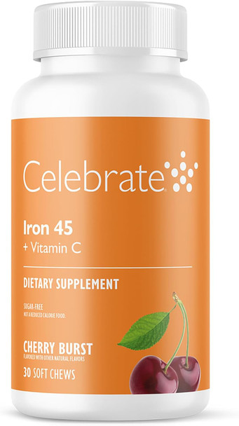 Celebrate Vitamins Iron Supplement with Vitamin C - 45mg Iron, 60mg Vitamin C, Bariatric Vitamins for WLS Patients, Vertical Sleeve & Gastric Bypass Surgery - Cherry Burst