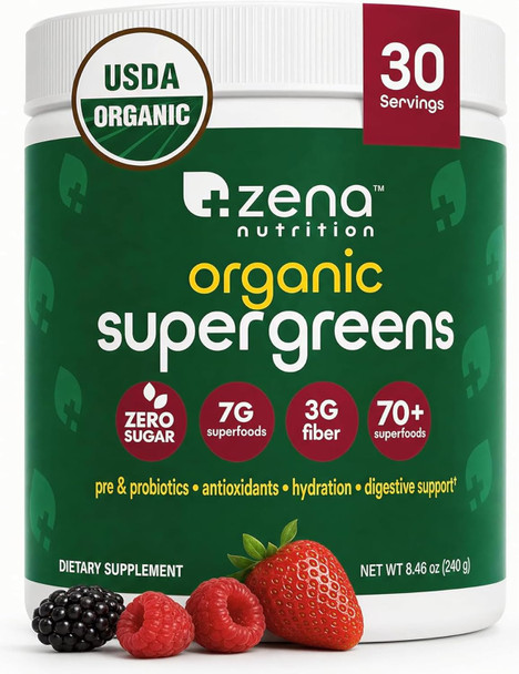 Zena Nutrition Organic Super Greens Powder, 70+ Superfoods, 0 Sugar, 3G Fiber, Spirulina, Chlorella, Antioxidants, Prebiotics/Probiotics, Digestive Enzymes, 30 Servings