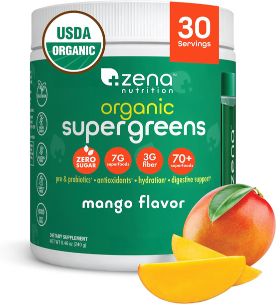Zena Nutrition Organic Super Greens Powder, 70+ Superfoods, 0 Sugar, 3G Fiber, Spirulina, Chlorella, Antioxidants, Prebiotics/Probiotics, Digestive Enzymes, 30 Servings