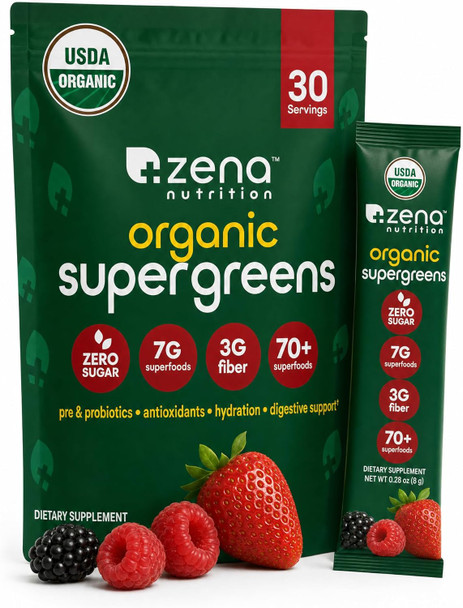 Zena Nutrition Organic Super Greens Powder, 70+ Superfoods, 0 Sugar, 3g Fiber, Spirulina, Chlorella, Mushrooms, Prebiotics/Probiotics, Digestive Enzymes, Gut Health, Green Apple, 30 Drink Mix Packets