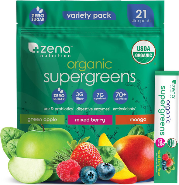 Zena Nutrition Organic Super Greens Powder, 70+ Superfoods, 0 Sugar, 3g Fiber, Spirulina, Chlorella, Mushrooms, Prebiotics/Probiotics, Digestive Enzymes, Gut Health, Green Apple, 30 Drink Mix Packets