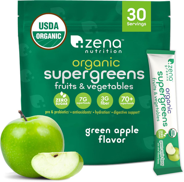 Zena Nutrition Organic Super Greens Powder, 70+ Superfoods, 0 Sugar, 3g Fiber, Spirulina, Chlorella, Mushrooms, Prebiotics/Probiotics, Digestive Enzymes, Gut Health, Green Apple, 30 Drink Mix Packets