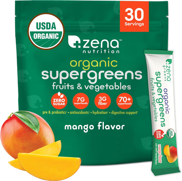 Zena Nutrition Organic Super Greens Powder, 70+ Superfoods, 0 Sugar, 3g Fiber, Spirulina, Chlorella, Mushrooms, Prebiotics/Probiotics, Digestive Enzymes, Gut Health, Green Apple, 30 Drink Mix Packets