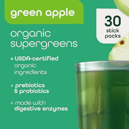 Zena Nutrition Organic Super Greens Powder, 70+ Superfoods, 0 Sugar, 3g Fiber, Spirulina, Chlorella, Mushrooms, Prebiotics/Probiotics, Digestive Enzymes, Gut Health, Green Apple, 30 Drink Mix Packets