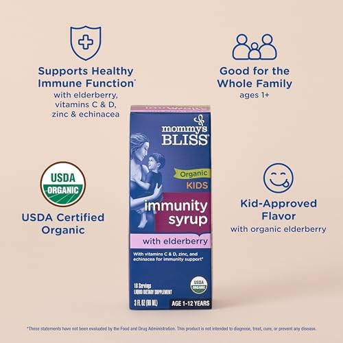 Mommy's Bliss Organic Elderberry Syrup and  Immunity Boost With Vitamins Prebiotics and  Echinacea for Kids and  Adults 1 yr+  3 Fl Oz