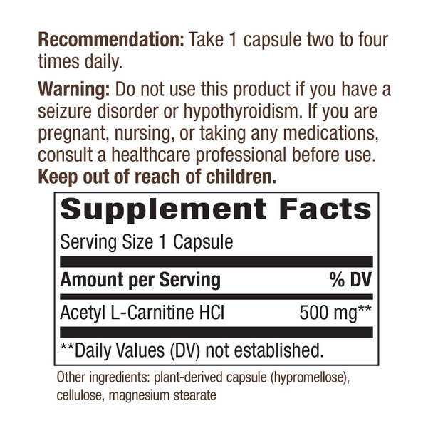 Nature's Way Acetyl L-Carnitine, Supports Brain Function*, 500mg Per Serving, 60 Capsules