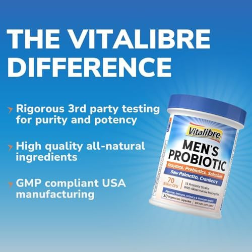 Vitalibre Probiotics for Men with Akkermansia Muciniphila Prebiotics Selenium Enzymes Saw Palmetto Cranberry for Digestive Gut Immune Prostate & Urinary Tract Health