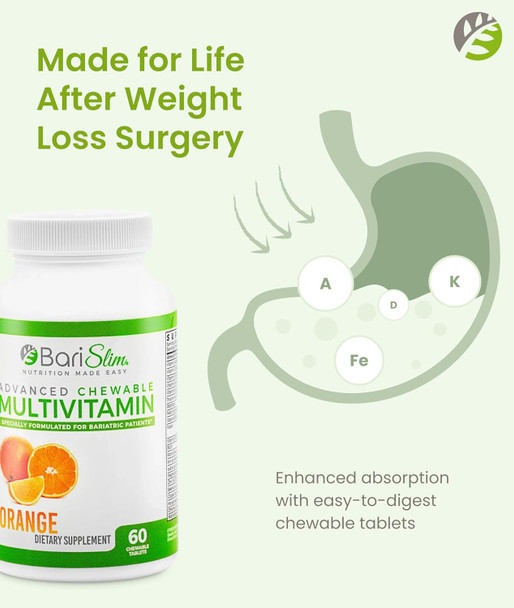 BariSlim Advanced Chewable Bariatric Multivitamin Tablets - Bariatric Vitamin and Supplement for Post Bariatric Surgery Including Gastric Bypass and Gastric Sleeve | Orange (60 Count)
