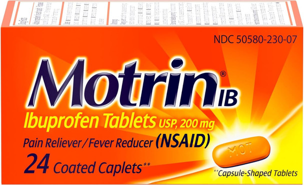 Motrin IB Ibuprofen Tablets, Pain Reliever, Temporarily Reduces Fever and Relieves Minor Pain, Muscle Aches, Headache, Backache, Nonsteroidal Anti-Inflammatory Drug, 200 Mg, 50 Count
