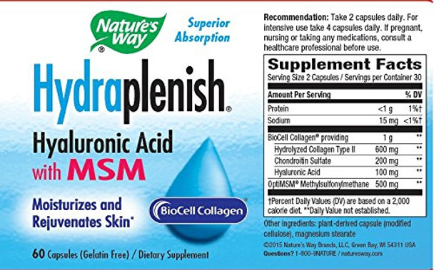 Nature's Way, Hydraplenish, Hyaluronic Acid With MSM, 60 Capsules. Pack of 3 bottles.