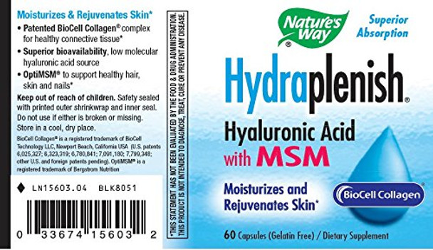 Nature's Way, Hydraplenish, Hyaluronic Acid With MSM, 60 Capsules. Pack of 3 bottles.