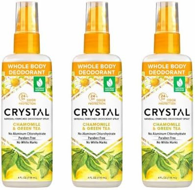 Crystal Deodorant Essence Spray 4 Ounce Chamomile/Green Tea, All Over Body Deodorant, (118ml) (3 Pack)