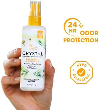 Crystal Deodorant Essence Spray 4 Ounce Chamomile/Green Tea, All Over Body Deodorant, (118ml) (3 Pack)