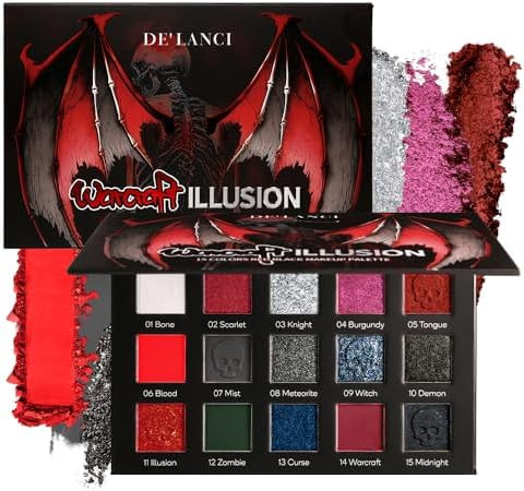 DE'LANCI Red Black Goth Eyeshadow Palette, Red Eyeshadow Goth Makeup Palette, Gray Silver Shimmer Glitter Eye shadow Pallet, Burgundy Eye Shadow for Vampire Clown Halloween Makeup,High Pigment,Vegan