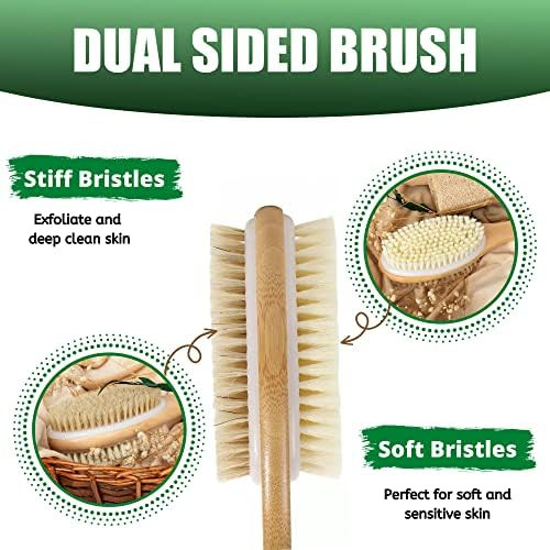 Back Scrubber, 43cm Long Wooden Double-Sided Shower Body Brush with Soft and Stiff Bristles for Exfoliating Skin
