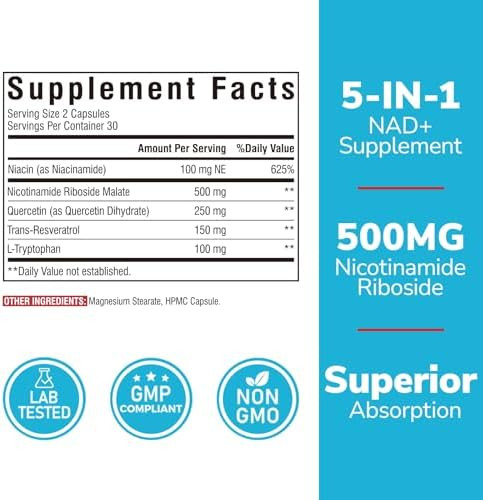 Vitalibre NAD Resveratrol Supplement with Niacinamide, Quercetin, L-Tryptophan – NMN Alternative, NAD Supplements for Women, Non-GMO