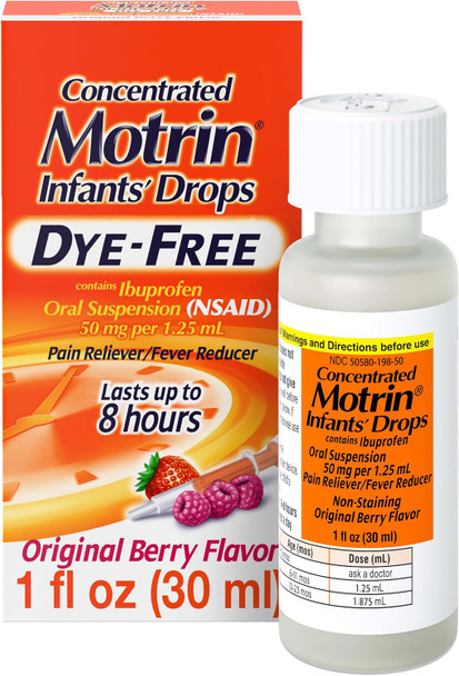 Motrin Infants' Ibuprofen, Fever Reducer, Dye and Alcohol Free, Concentrated Drops, Oral Suspension, Includes Clear Syringe with Markings for Dose Measuring, Berry Flavor