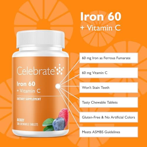 Celebrate Vitamins Iron Supplement with 60mg Iron & Vitamin C – Bariatric Patients, Gastric Bypass & Sleeve Gastrectomy Support – 30 Tablets for Post-Surgery Health Maintenance