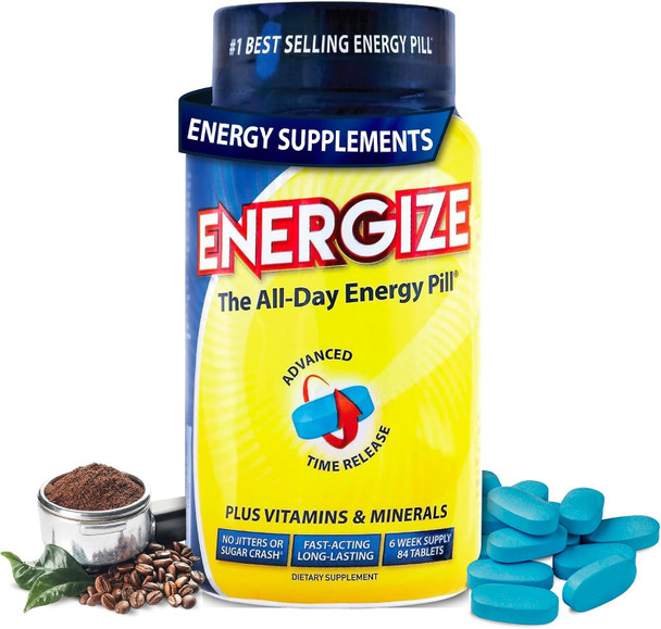 iSatori Energize Caffeine Pills for Men and Women - 84 Tablets | Fast-Acting, Time-Release, No Crash, All-Day Energy Support, Nutrition and Endurance Support, Nootropic Formula