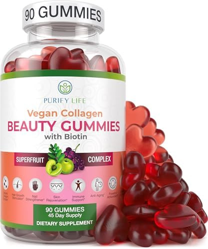 Purify Life Vegan Collagen Booster Gummies with Biotin Vitamins for Hair Skin and Nails Health Collagen Support Superfruit Complex with Resveratrol Vitamin A E C  Replace Capsules Pills