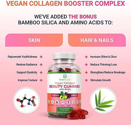 Purify Life Vegan Collagen Booster Gummies with Biotin Vitamins for Hair Skin and Nails Health Collagen Support Superfruit Complex with Resveratrol Vitamin A E C  Replace Capsules Pills