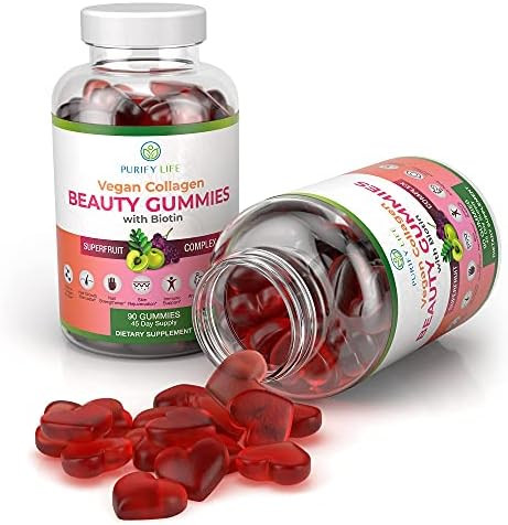Purify Life Vegan Collagen Booster Gummies with Biotin Vitamins for Hair Skin and Nails Health Collagen Support Superfruit Complex with Resveratrol Vitamin A E C  Replace Capsules Pills