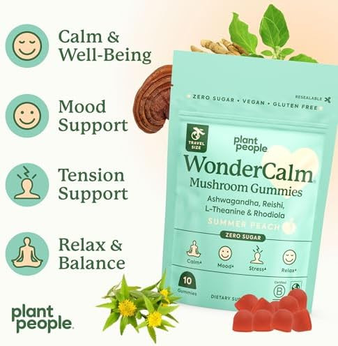 Plant People WonderCalm Mushroom Gummies  Peach Flavor   Natural Ashwagandha Supplement to Ease Stress and  Boost Mood for Adults Without Sugar Gluten or Artificial Colors Vegan