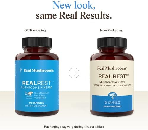 Real Mushrooms RealRest Capsules for Calm and Mindfulness 60ct  Calmness and Mindfulness Support Organic Reishi and Lemon Balm  Vegan  Non GMO Mushroom Supplement