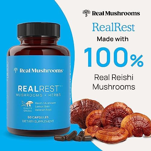 Real Mushrooms RealRest Capsules for Calm and Mindfulness 60ct  Calmness and Mindfulness Support Organic Reishi and Lemon Balm  Vegan  Non GMO Mushroom Supplement