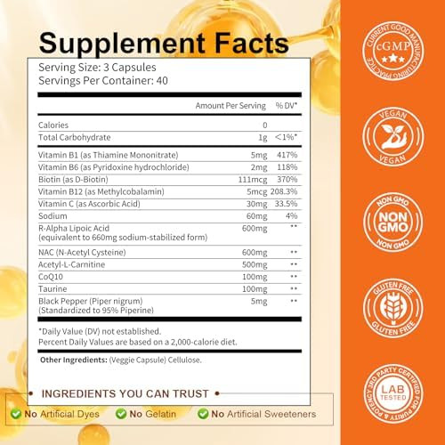 Totaria R Alpha Lipoic Acid 600mg  Stabilized ALA Supplement for Neuropathy Support Capsules  Nerve Health Nervous System and Antioxidant  Non GMO Gluten Free Vegan Safe