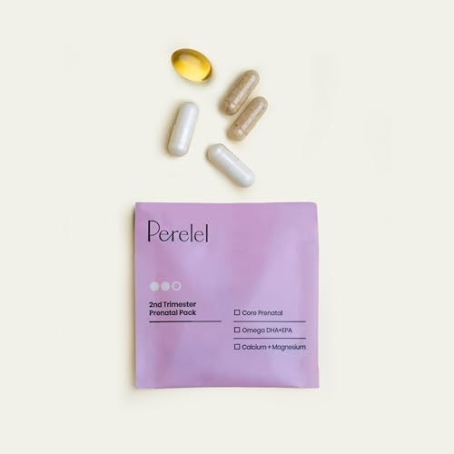 Perelel  Trimester Prenatal Pack Multivitamin with Magnesium Omega 3 Iron and Calcium Nutritional Support for Second Trimester Wellness Soy and Gluten Free Non GMO