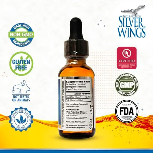 Natural Path Silver Wings Colloidal Silver Liquid - Enhanced Immune Support Supplement - 250ppm (1250mcg)  - Unflavored