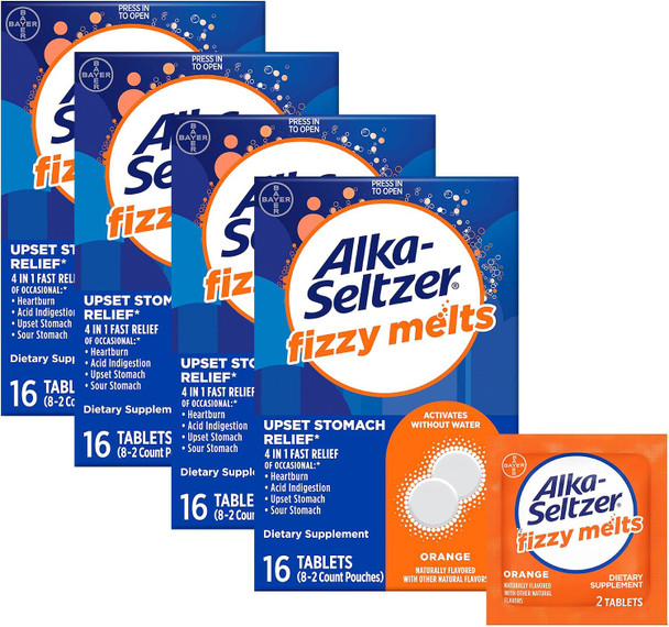 Alka Seltzer Fizzy Melts Dissolve on Tongue No Water Needed On-The Go Dietary Supplement Antacid Tablets for Relief of Occasional Heartburn and Acid Indigestion Orange Flavor 64 Count