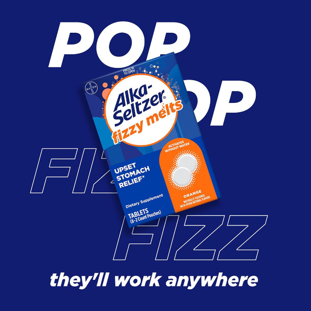 Alka Seltzer Fizzy Melts Dissolve on Tongue No Water Needed On-The Go Dietary Supplement Antacid Tablets for Relief of Occasional Heartburn and Acid Indigestion Orange Flavor 64 Count