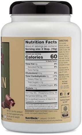 NutriBiotic Certified Organic Rice Protein Chocolate, 22.9 Oz | Low Carbohydrate Vegan Protein Powder | Raw, Certified Kosher & Keto Friendly | Made Without Chemicals, GMOs & Gluten | Easy to Digest