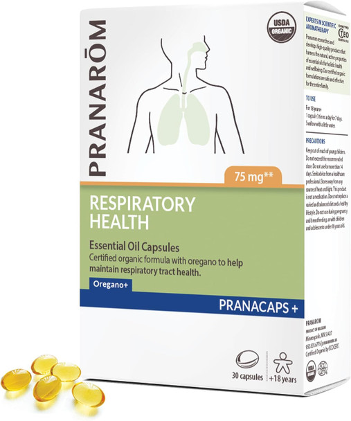 Pranarom Pranacaps 30 ct | Oregano and lemon essential oil capsules, pre-dosed and easy to swallow, for respiratory tract health. Certified organic.