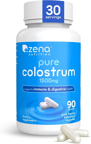 Zena Nutrition Pure Colostrum Capsules 1500mg Supplement Grass Fed Bovine Colostrum Supports Immune and Digestive Health Promotes Gut Health Gluten Free Fat Free 1 Month Supply 90 Capsules