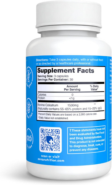 Zena Nutrition Pure Colostrum Capsules 1500mg Supplement Grass Fed Bovine Colostrum Supports Immune and Digestive Health Promotes Gut Health Gluten Free Fat Free 1 Month Supply 90 Capsules
