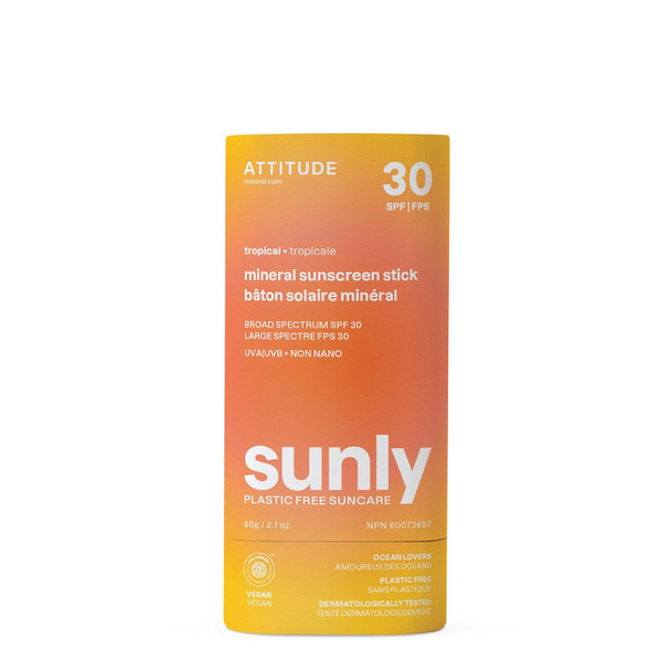 BIO SPECTRA ATTITUDE Mineral Sunscreen Stick with Zinc Oxide SPF 30 EWG Verified Plastic Free Broad Spectrum UVA/UVB Protection