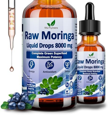 Vita PLynxera Raw Moringa Liquid Drops 800mg Organic Moringa Oleifera Leaf Extract w. Supergreens Blend of Wheatgrass Barley Grass for Antioxidant Energy & Immune High Potency Than Capsules Powder