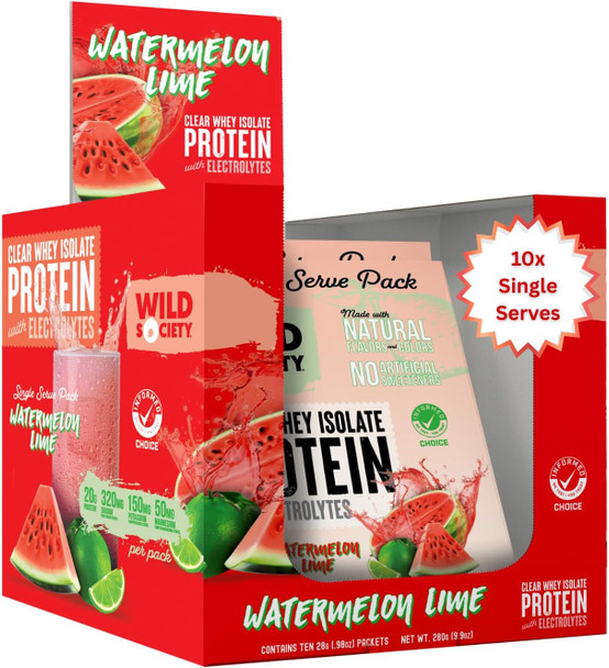 WILD SOCIETY - Clear Protein Powder + Electrolytes - 20g Clear Whey Protein Isolate Drink - Zero Sugar - 0g Lactose - Natural Ingredients - Travel Pack - 10x Singe Serves