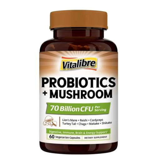Vitalibre Probiotics+Mushroom with Lion's Mane Reishi Cordyceps, 10 Probiotic Strains, 1000mg Mushroom Extract Blend  60 Vegan Capsules