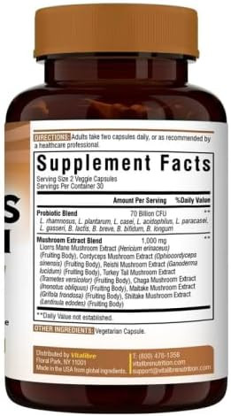 Vitalibre Probiotics+Mushroom with Lion's Mane Reishi Cordyceps, 10 Probiotic Strains, 1000mg Mushroom Extract Blend  60 Vegan Capsules
