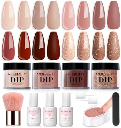 AZUREBEAUTY 4 Colors Dip Powder Nail Kit Starter Skin Nude Brown Glitter Dipping Powder Liquid Set